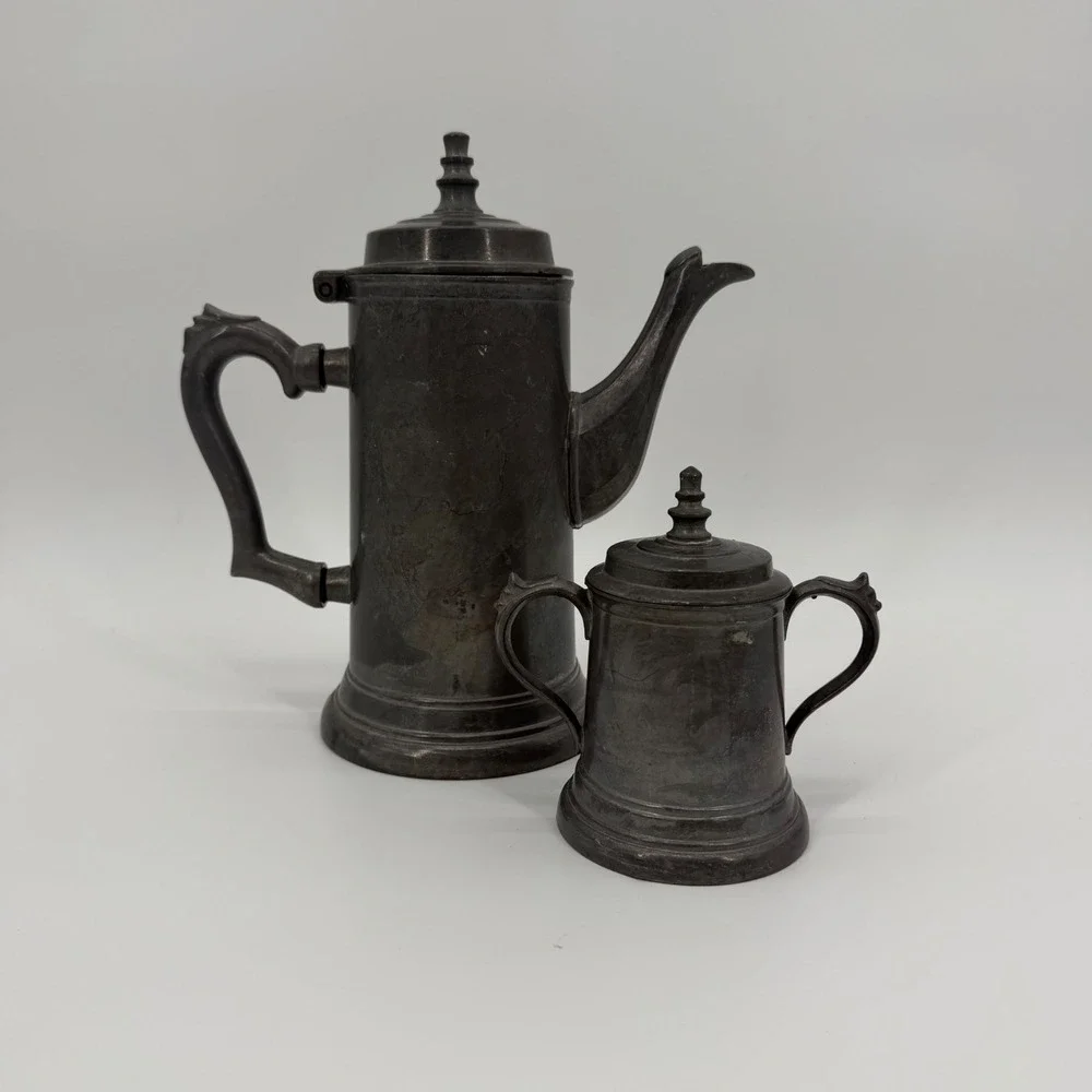 Leonard Duratale Pewter Coffee Pot and Lidded Sugar Bowl Set Vintage Silver Tone